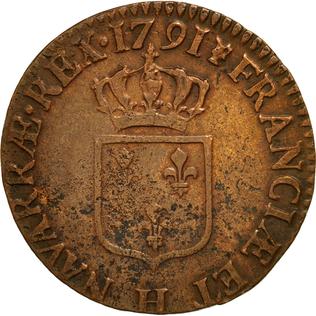 Coin, France, Louis XVI, 1/2 Sol ou 1/2 sou, 1/2 Sol, 1791, La Rochelle