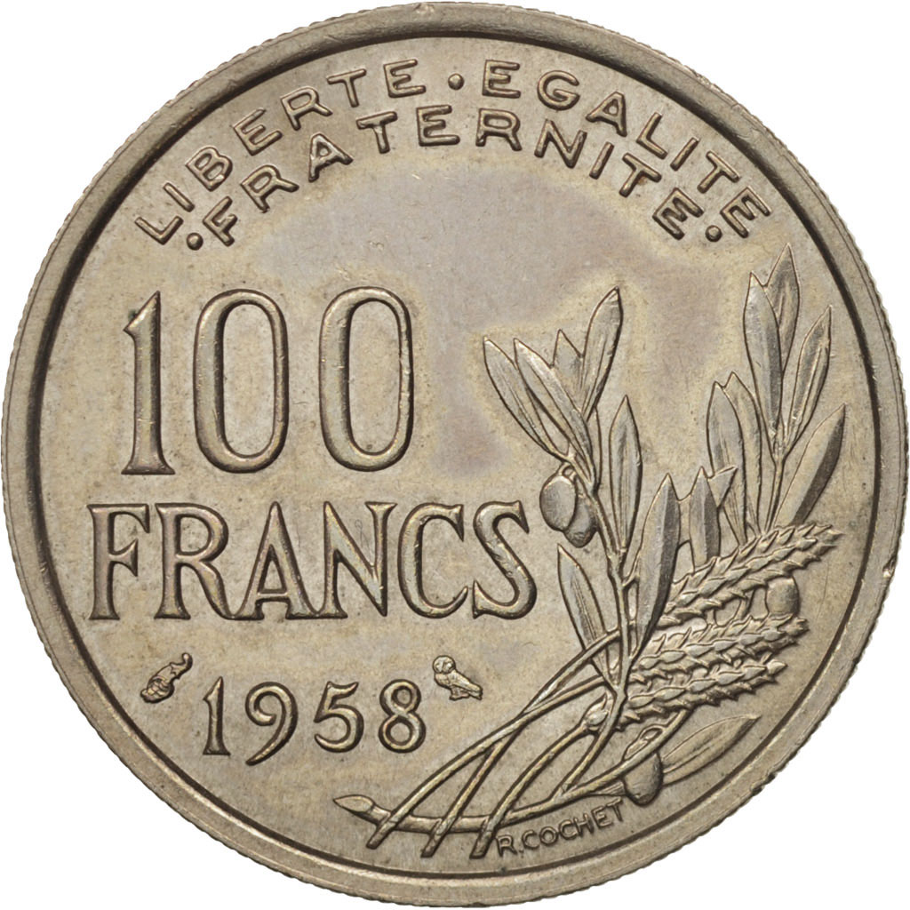 Munten, Frankrijk, Cochet, 100 Francs, 1958, Paris, PR, Copper-nickel, KM:919.1
