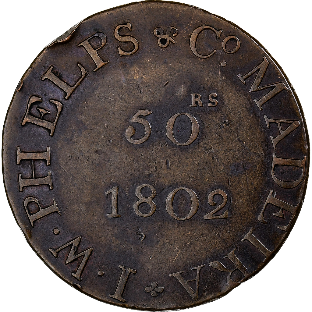 Madeira, Token, 50 Reis, 1802, Copper, EF