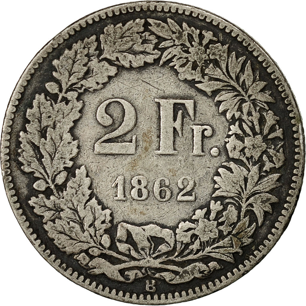 Coin, Switzerland, 2 Francs, 1862, Bern, , Silver, KM:10a
