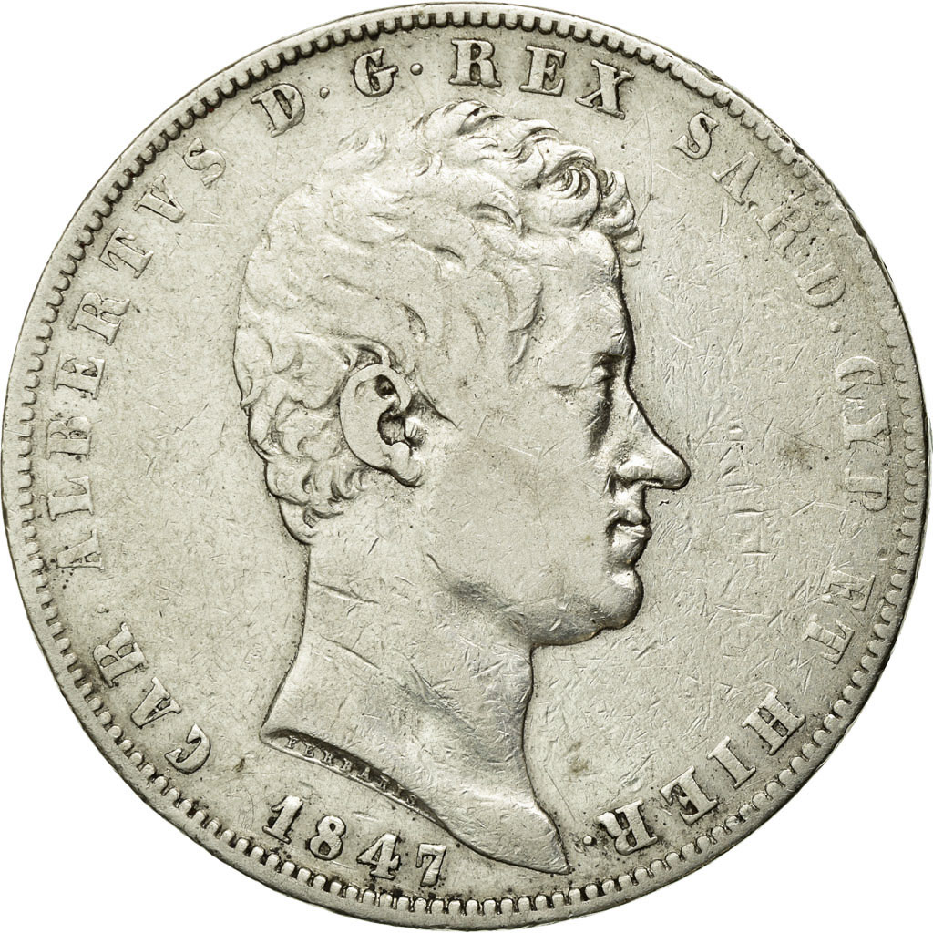 Coin, ITALIAN STATES, SARDINIA, Carlo Alberto, 5 Lire, 1847, Torino, VF
