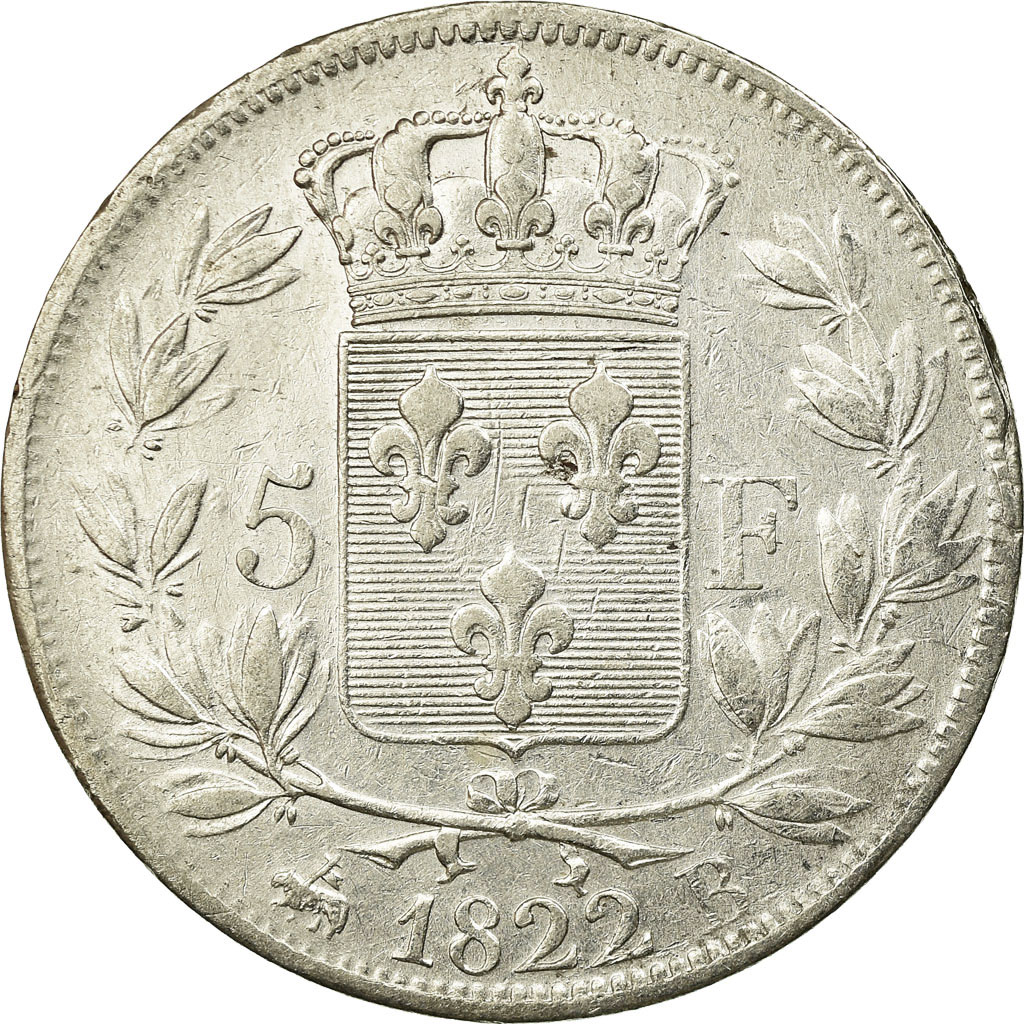 Coin, France, Louis XVIII, 5 Francs, 1822, Rouen, VF
