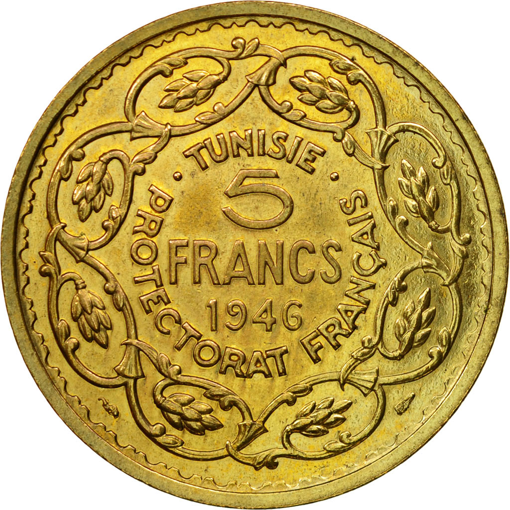 Munten, Tunisië, Muhammad al-Amin Bey, 5 Francs, AH 1365/1946, Paris, ESSAI