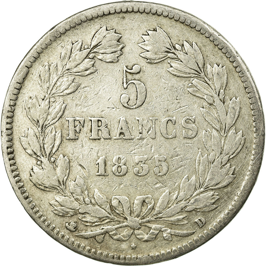 Coin, France, Louis-Philippe, 5 Francs, 1835, Lyon, VF(30-35), Silver, KM:749.4
