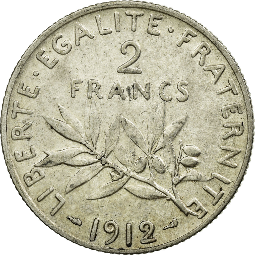 Munten, Frankrijk, Semeuse, 2 Francs, 1912, Paris, ZF+, Zilver, KM:845.1