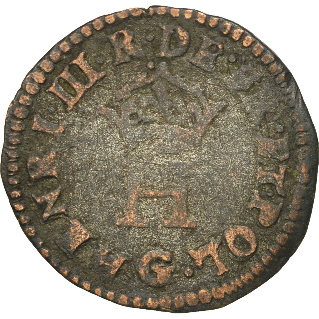 Coin, France, Henri III, Liard, 1578, Poitiers, VF, Billon, Sombart:4308