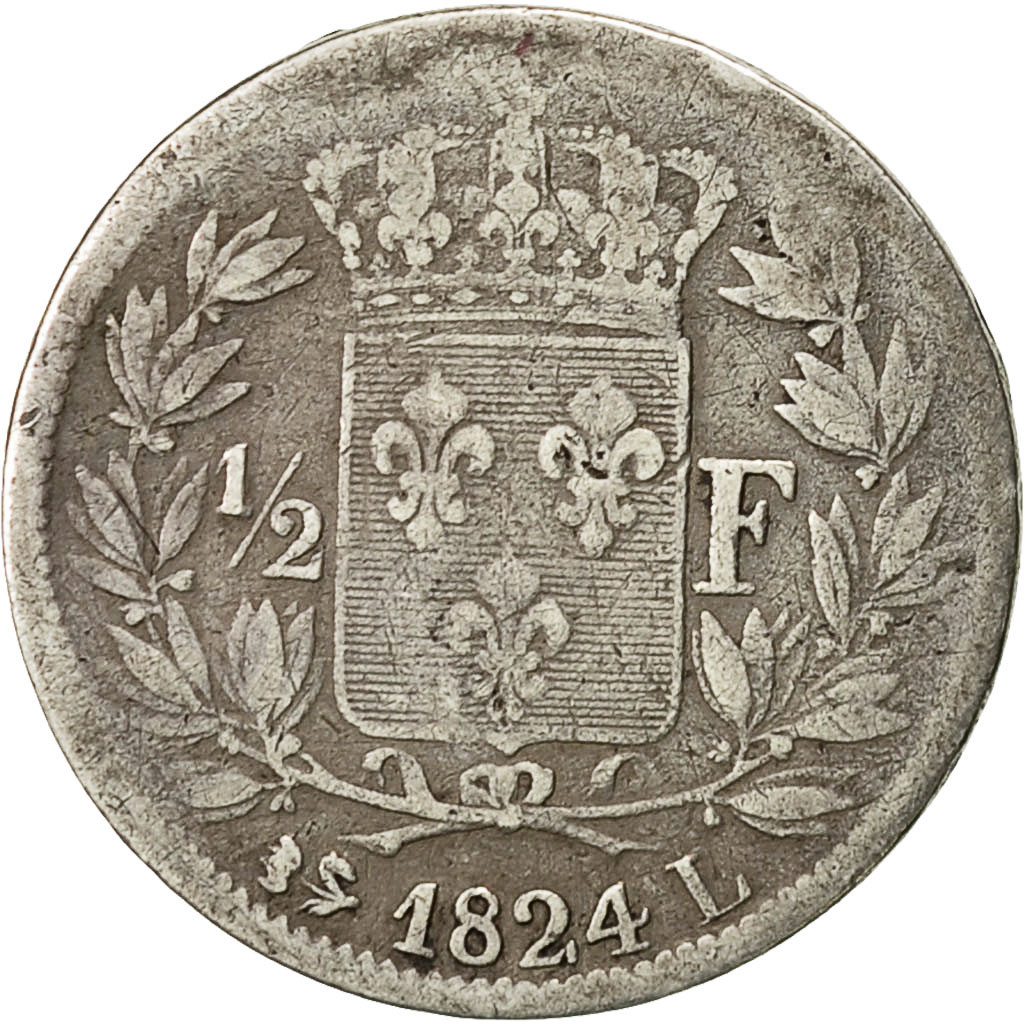France, Louis XVIII, 1/2 Franc, 1824, Bayonne, , Silver, KM:708.7