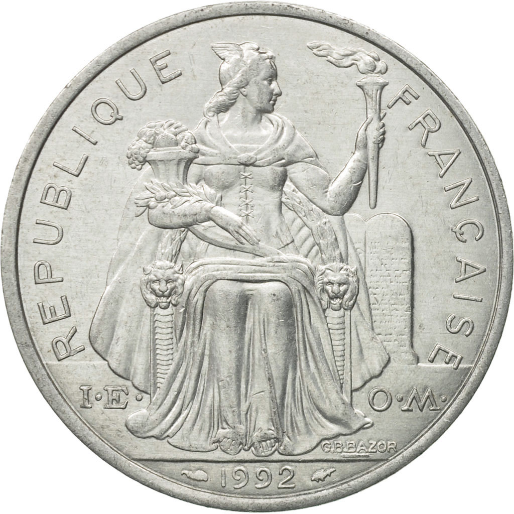 Moneda, Polinesia francesa, 5 Francs, 1992, Paris, MBC, Aluminio, KM:12