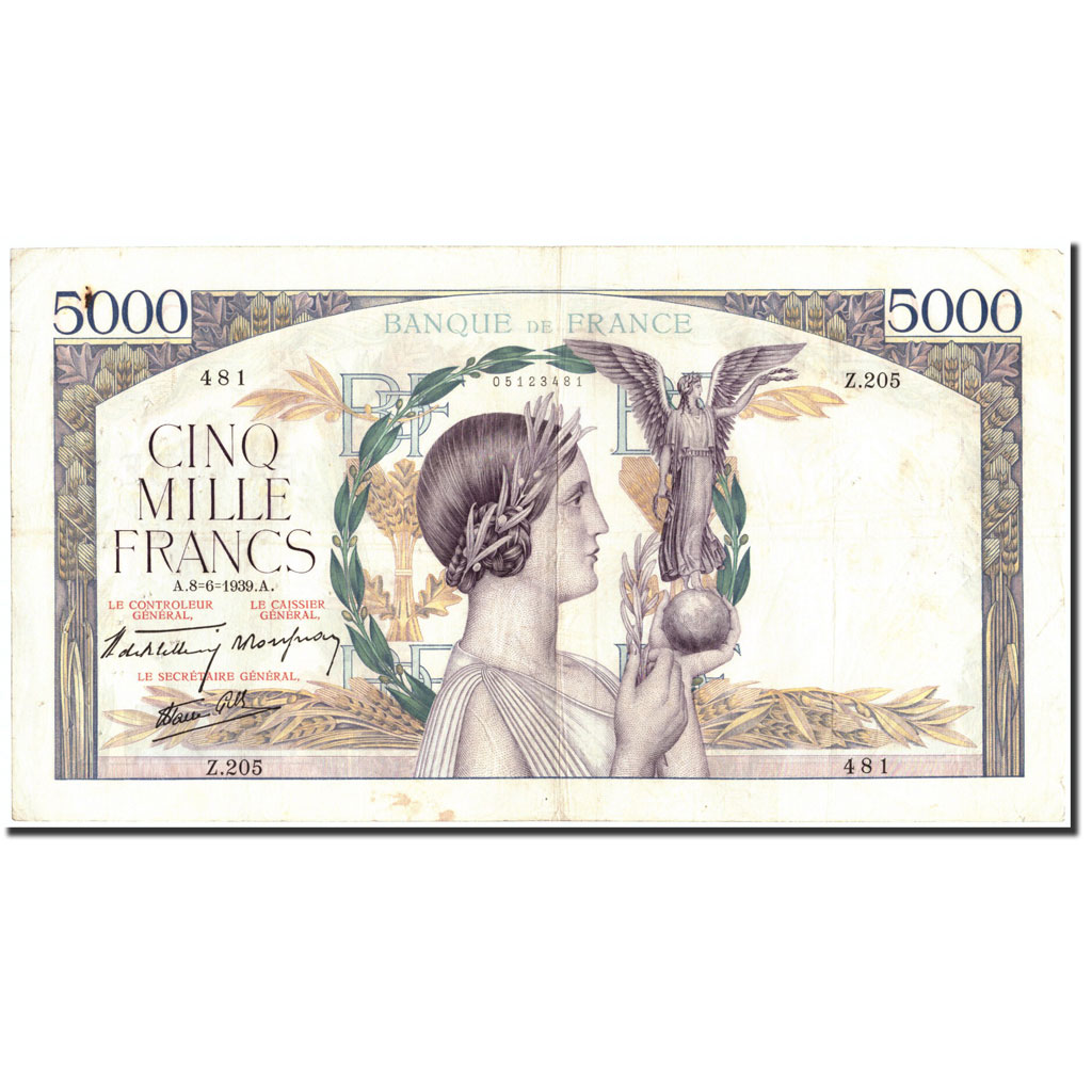 Banknote, France, 5000 Francs, 1939, 1939-06-08, EF(40-45), Fayette:46.7, KM:97a