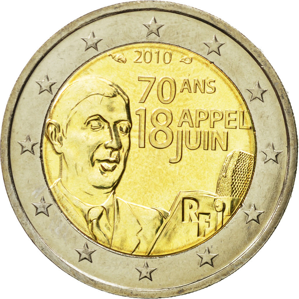 France, 2 Euro, 70th Anniversary, June 18th Appea, 2010, SPL, Bi-Metallic