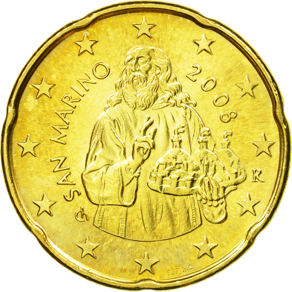 San Marino, 20 Euro Cent, 2008, UNZ, Messing, KM:483