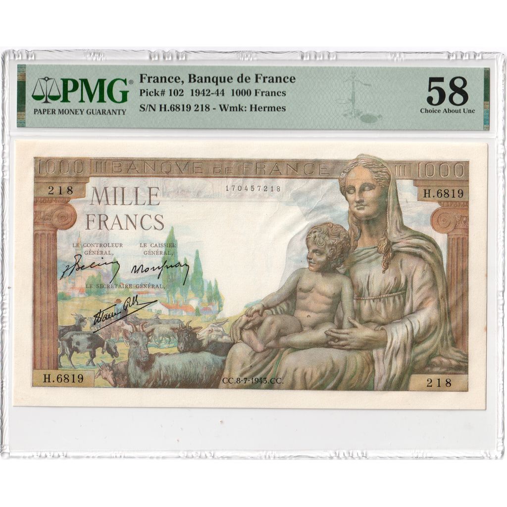 France, 1000 Francs, Déesse Déméter, 1943-07-08, H.6819, UNC(63)
