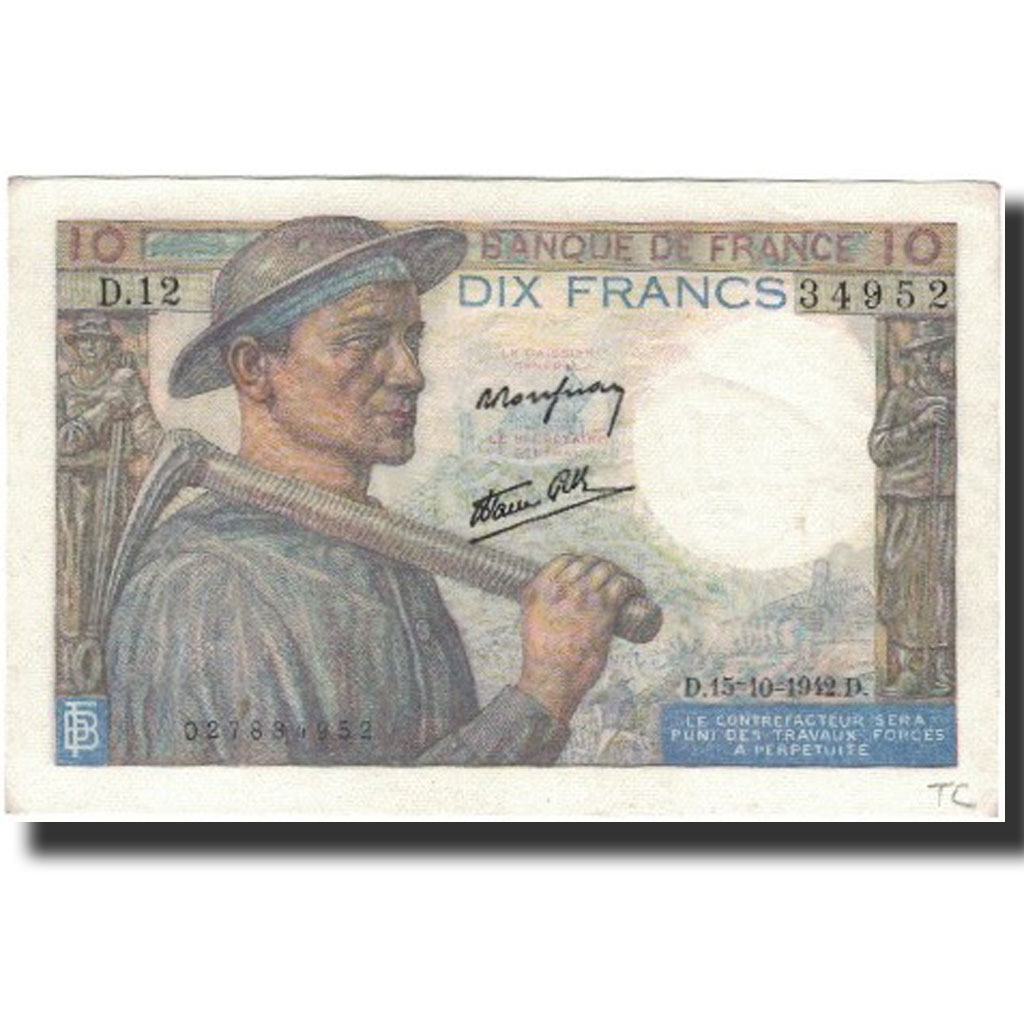 France, 10 Francs, 1942-10-15, UNC(63), Fayette:8.4, KM:99d