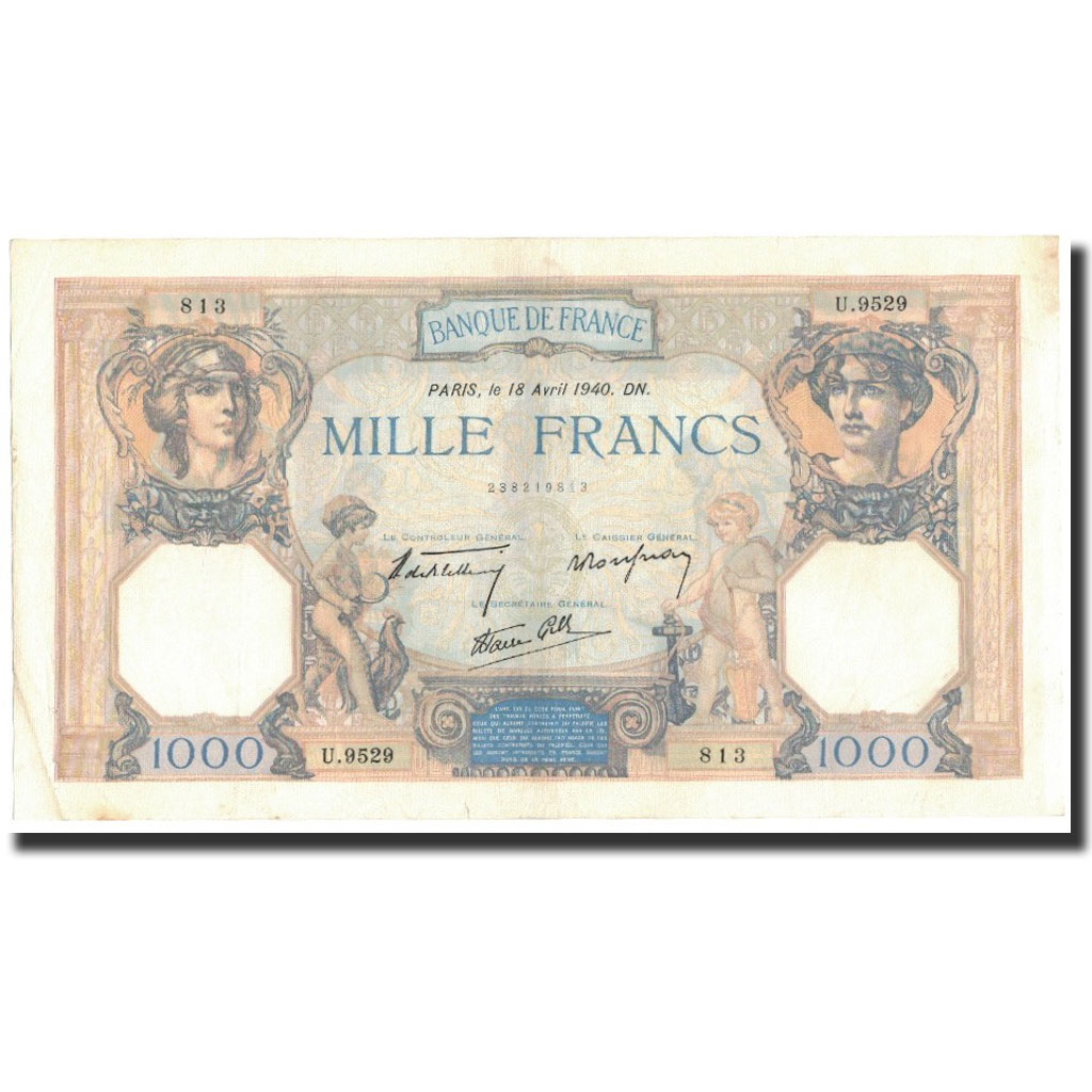 France, 1000 Francs, 1940-04-18, AU(50-53), Fayette:38.46, KM:90c