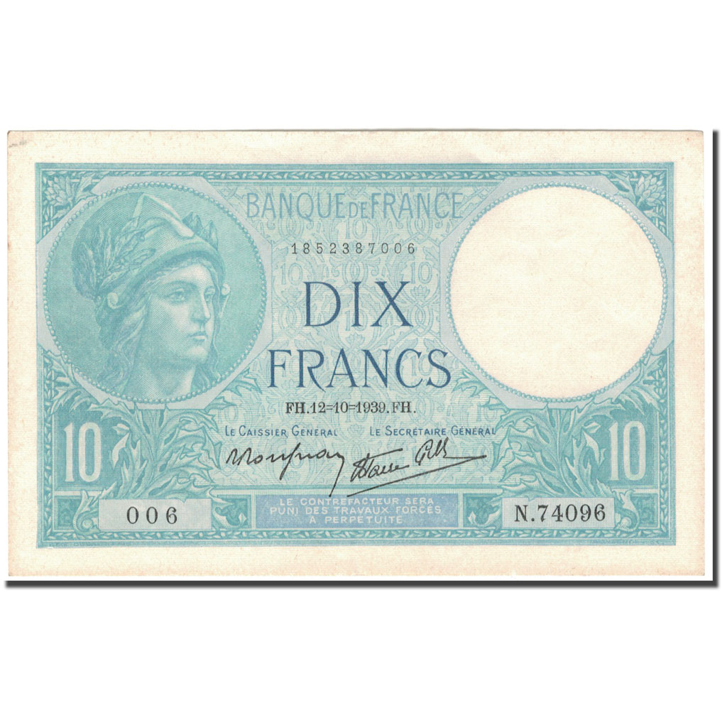 France, 10 Francs, 10 F 1916-1942 ''Minerve'', 1939-10-12, AU(50-53)