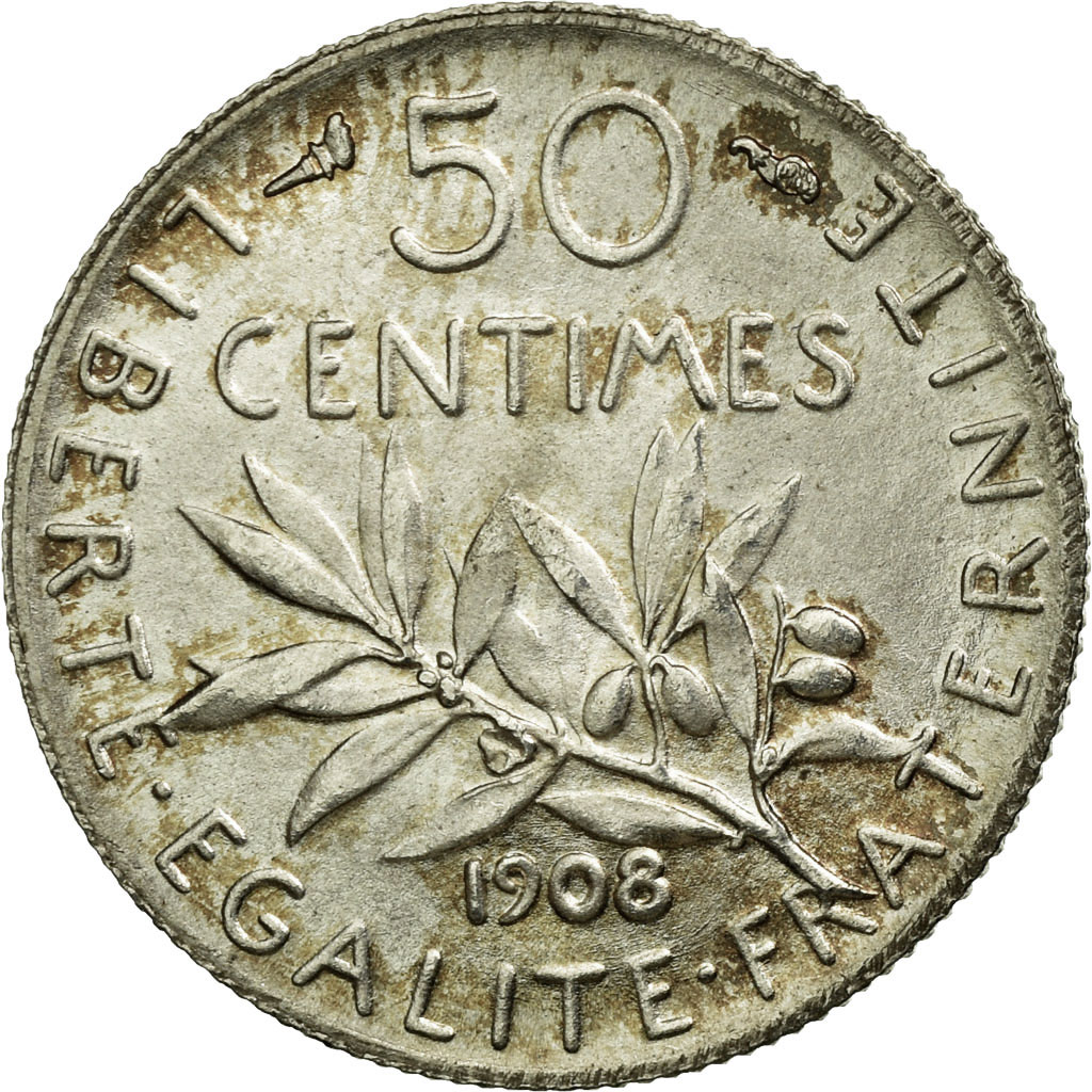 Coin, France, Semeuse, 50 Centimes, 1908, , Silver, KM:854, Gadoury:420