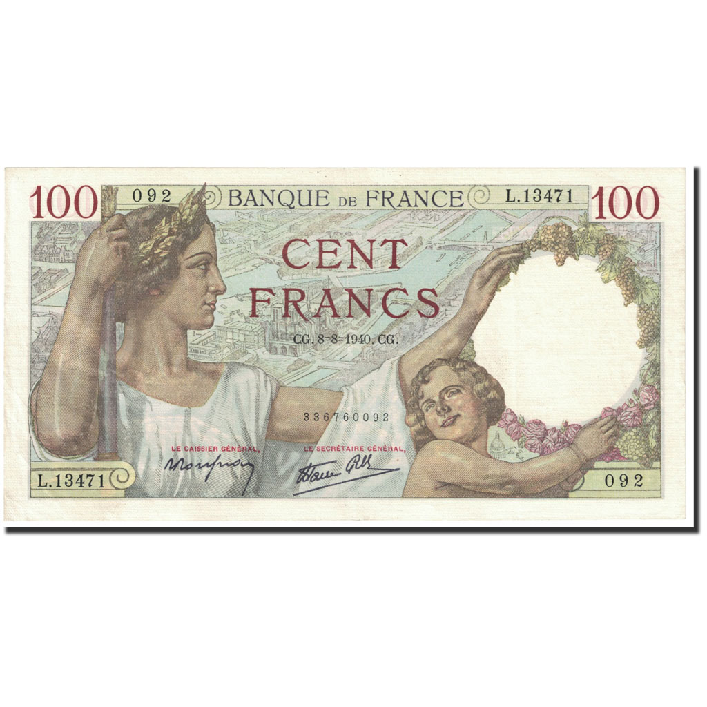 Banknote, France, 100 Francs, 1940, 1940-08-08, AU(55-58), Fayette:26.35, KM:94