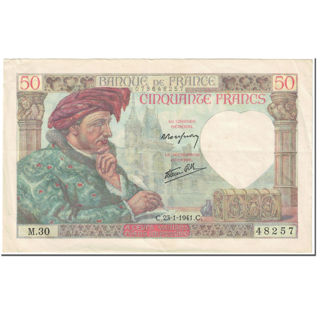 France, 50 Francs, Jacques Coeur, 1941, 1941-01-23, EF(40-45), Fayette:19.5