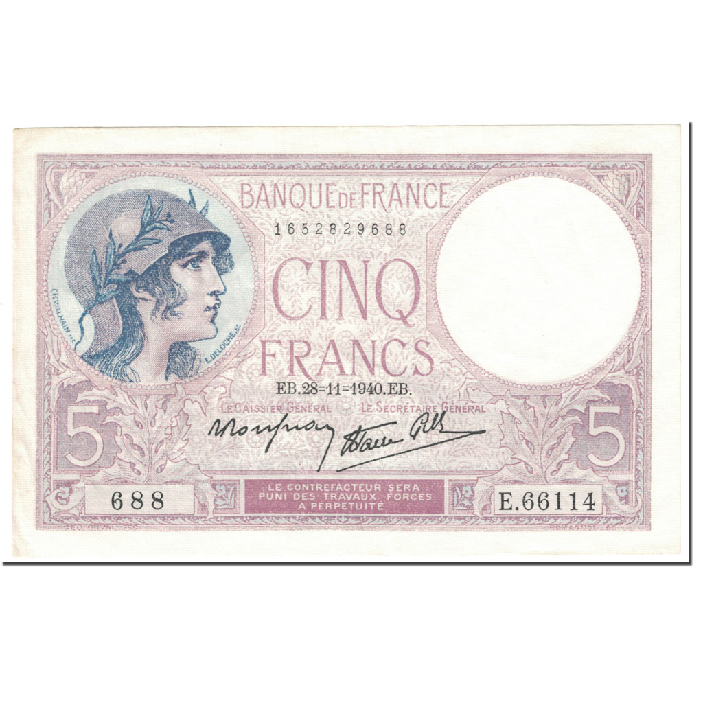 France, 5 Francs, Violet, 1940, 1940-11-28, AU(50-53), Fayette:4.15, KM:83