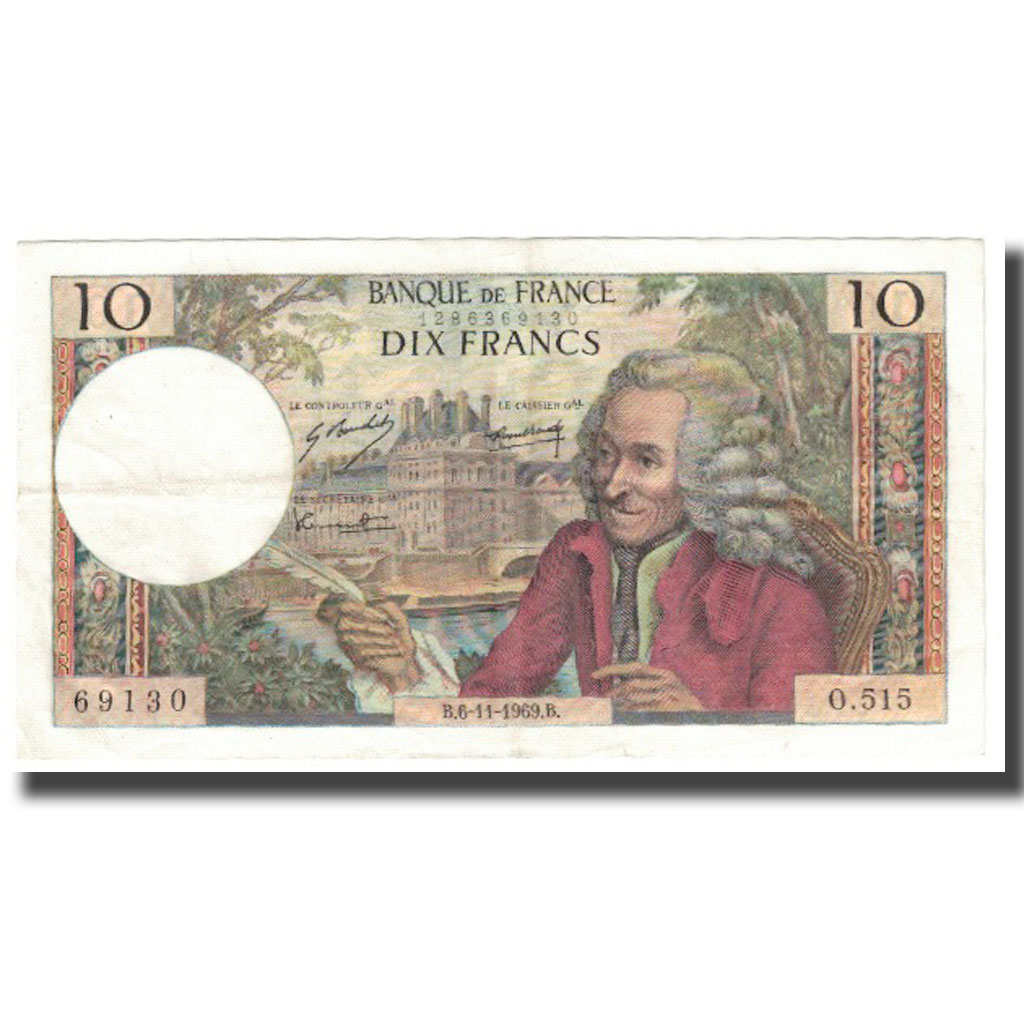 France, 10 Francs, Voltaire, 1969, 1969-11-06, AU(55-58), Fayette:62.40, KM:147c