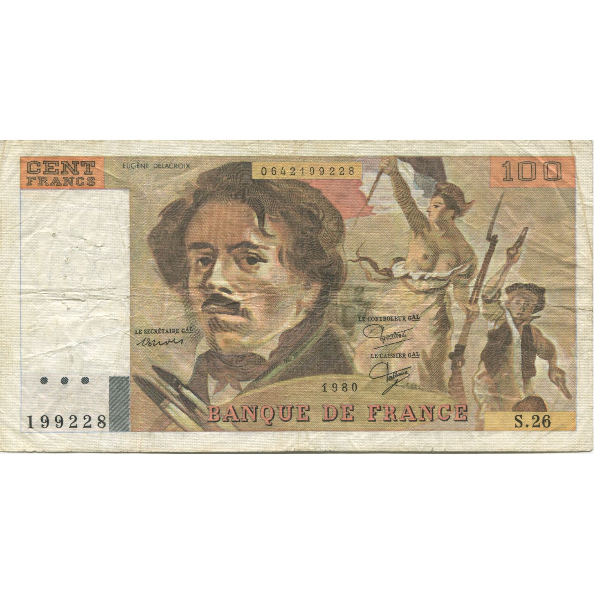 Francia, 100 Francs, Delacroix, 1980, BC+, Fayette:69.4a, KM:154b