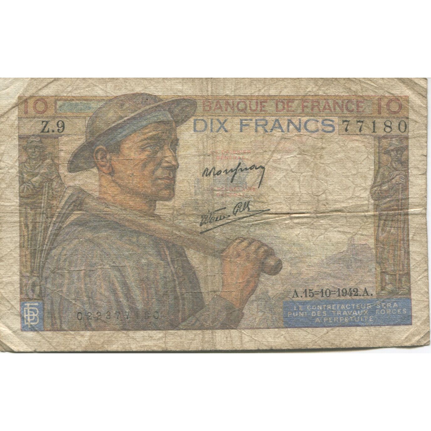 Francia, 10 Francs, Mineur, 1942, 1942-10-15, BC, Fayette:08.4, KM:99d