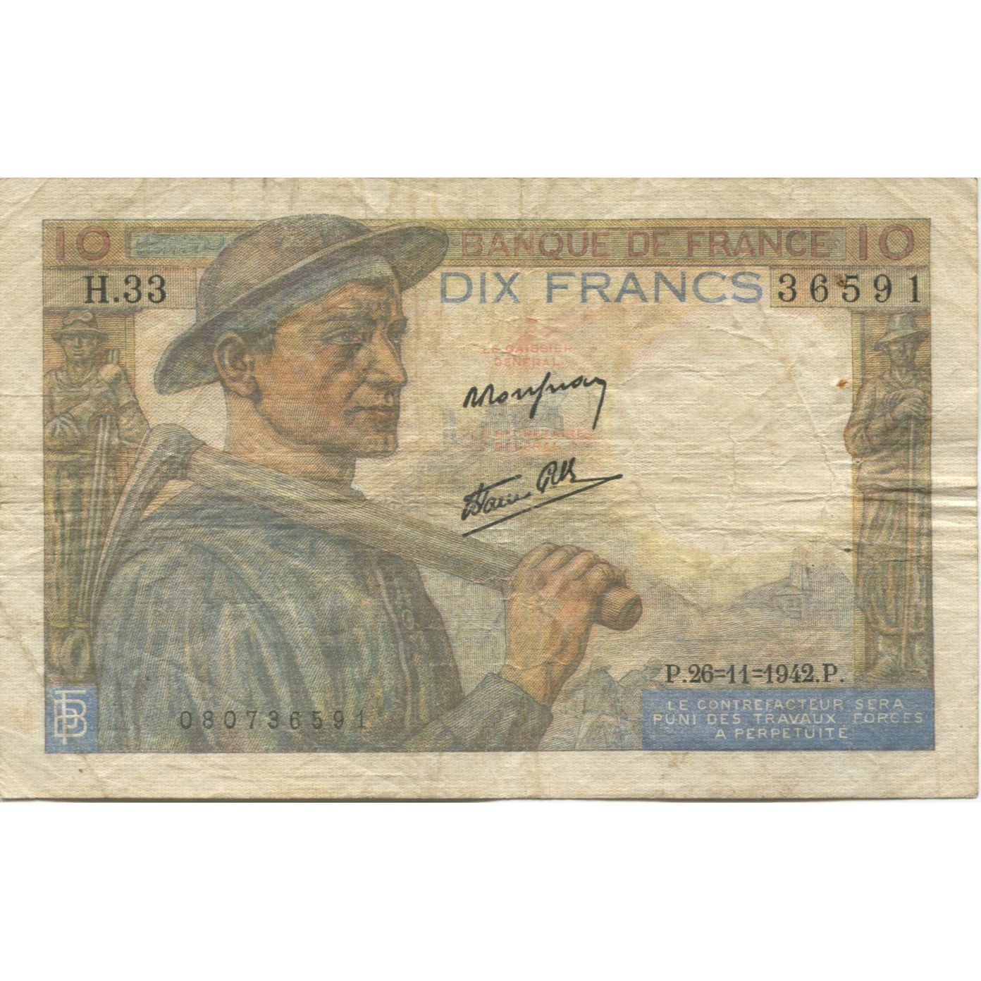 Francia, 10 Francs, Mineur, 1942, 1942-11-26, BC, Fayette:08.06, KM:99e