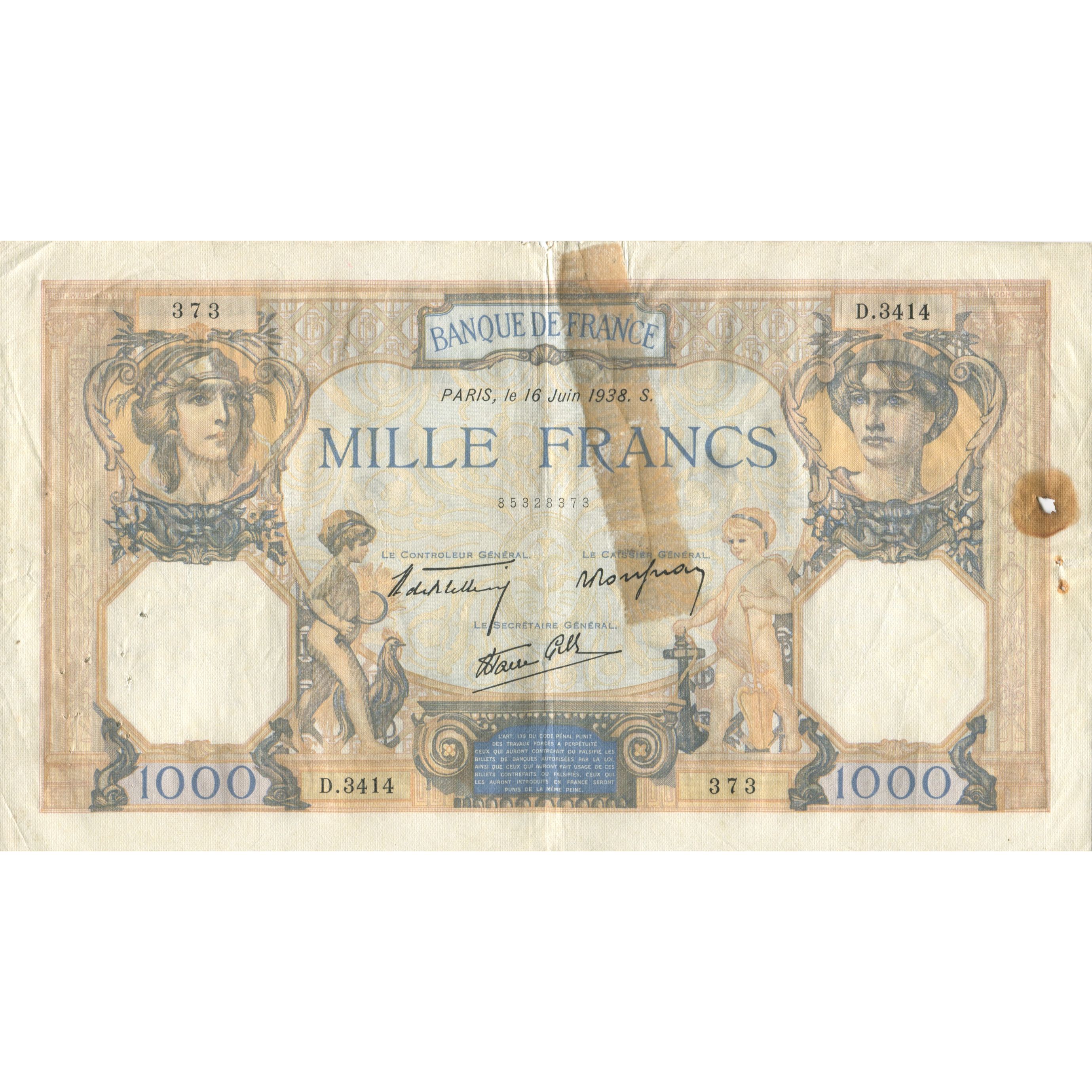 France, 1000 Francs, Cérès et Mercure, 1938, 1938-06-16, VF(20-25)