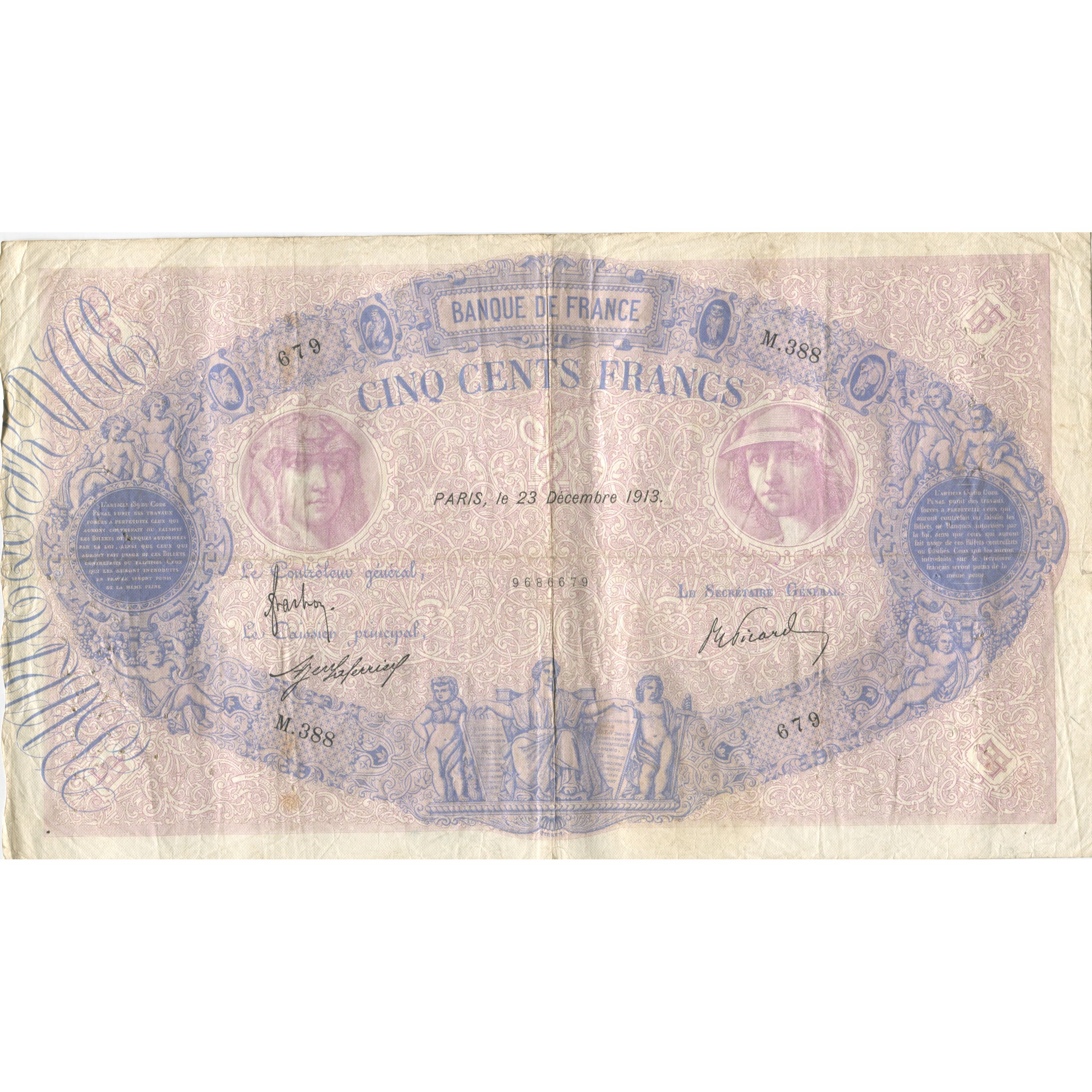 France, 500 Francs, Bleu et Rose, 1913, 1913-12-23, VF(20-25), Fayette:30.21