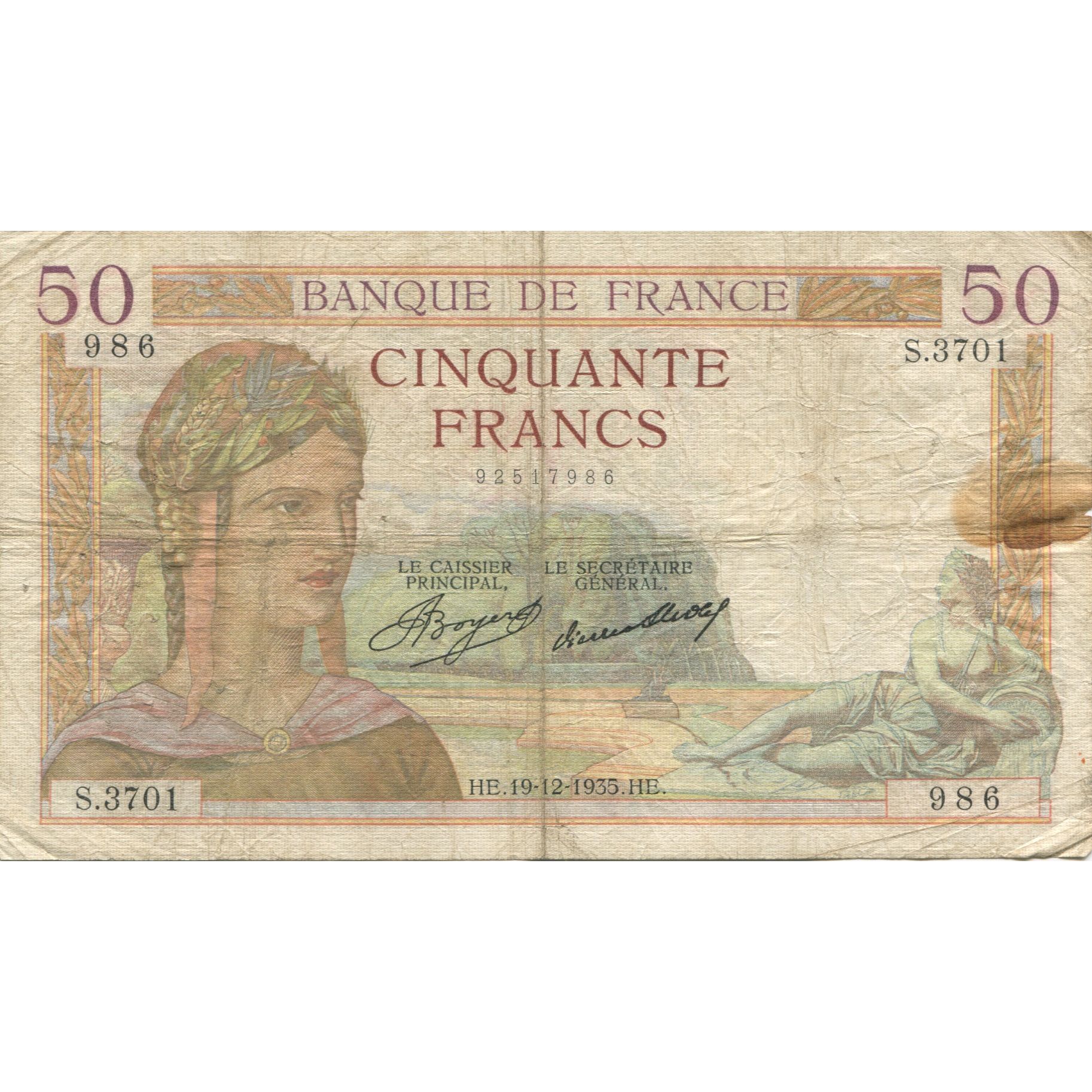 France, 50 Francs, Cérès, 1935, 1935-12-19, VF(20-25), Fayette:17.21, KM:81