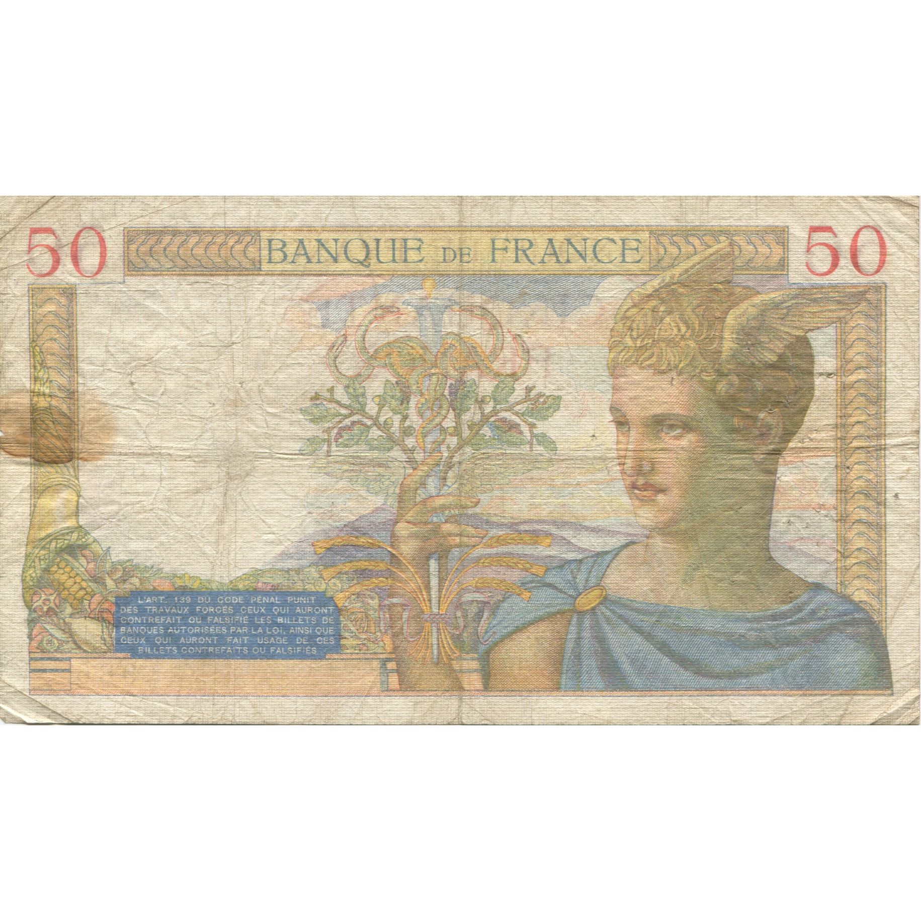France, 50 Francs, Cérès, 1935, 1935-12-19, VF(20-25), Fayette:17.21, KM:81