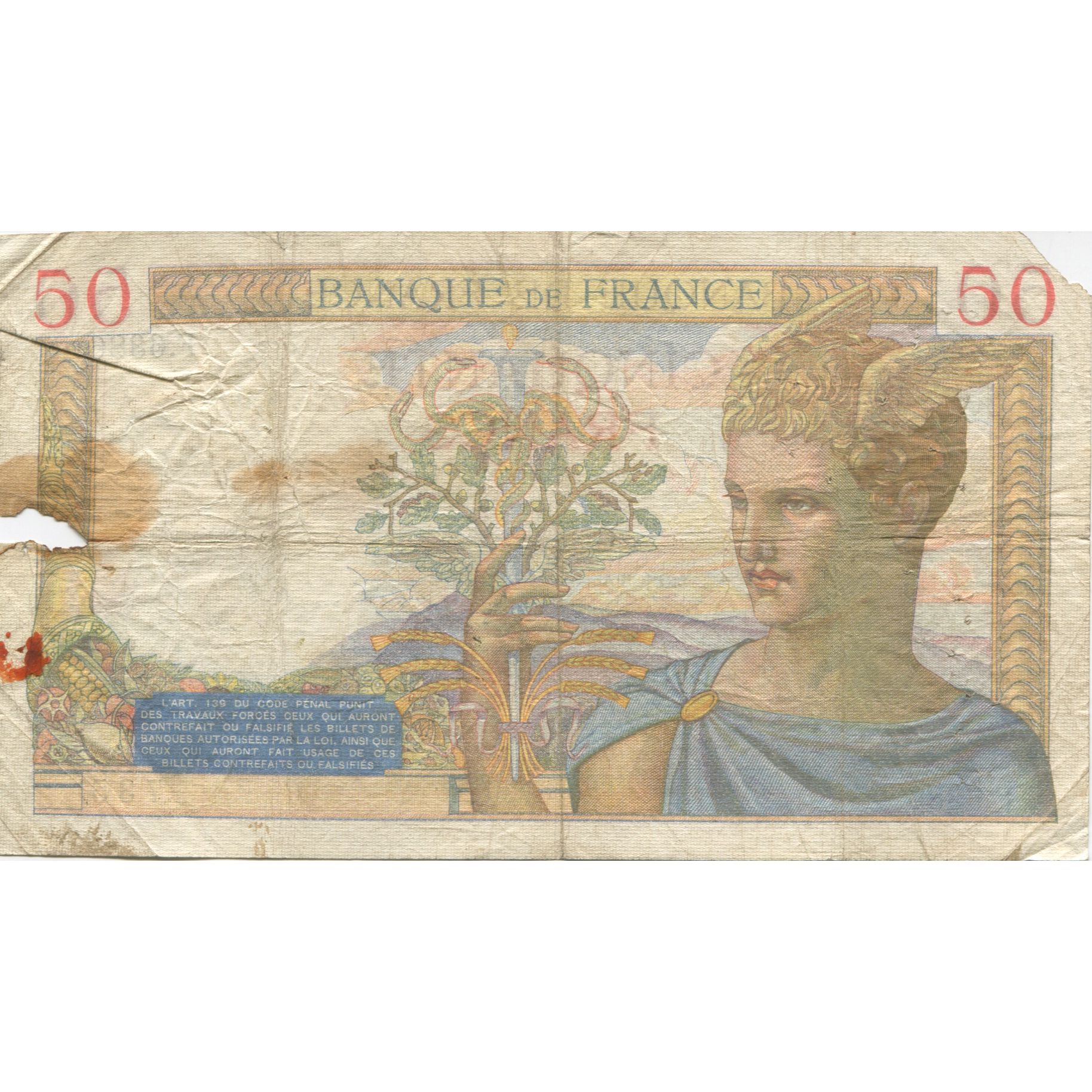 France, 50 Francs, Cérès, 1937, 1937-05-27, VF(20-25), Fayette:17.39, KM:81