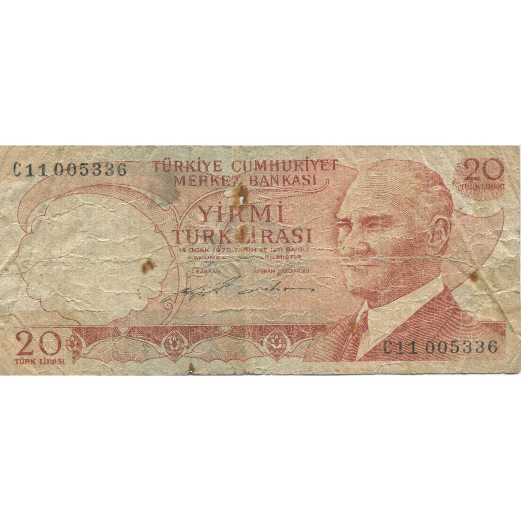[#628402] Banknote, Turkey, 20 Lira, KM:187b, VG(8-10)