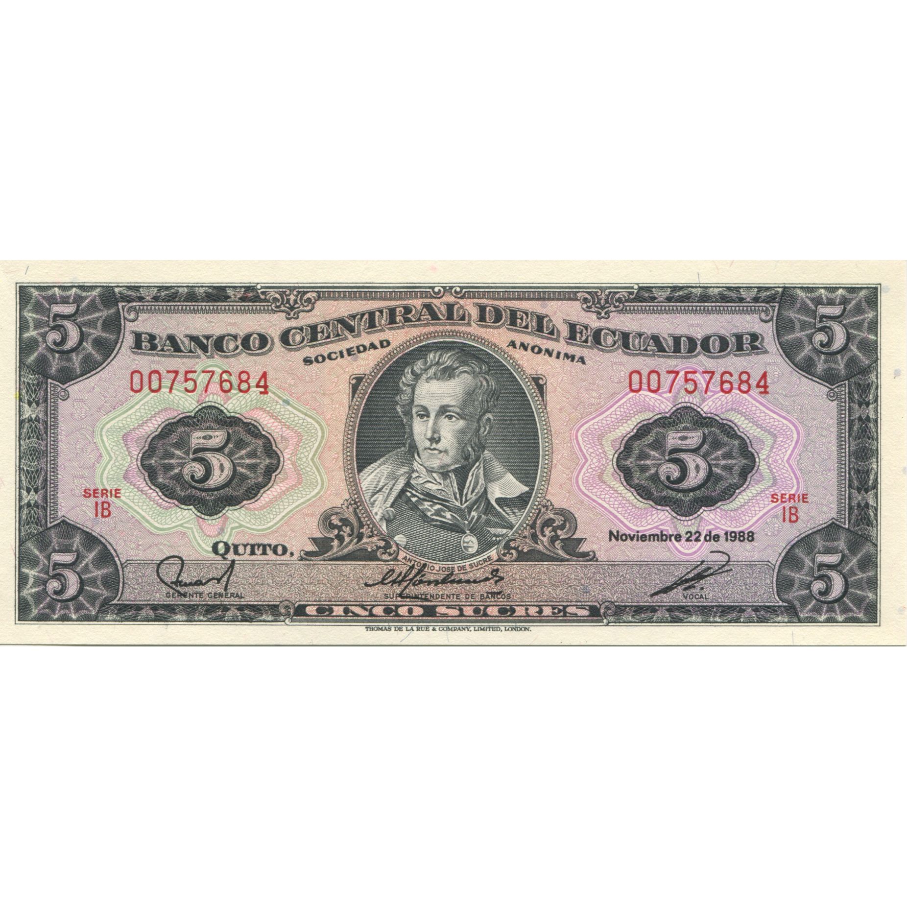 Billete, 5 Sucres, 1988, Ecuador, 1988-11-22, KM:113b, UNC