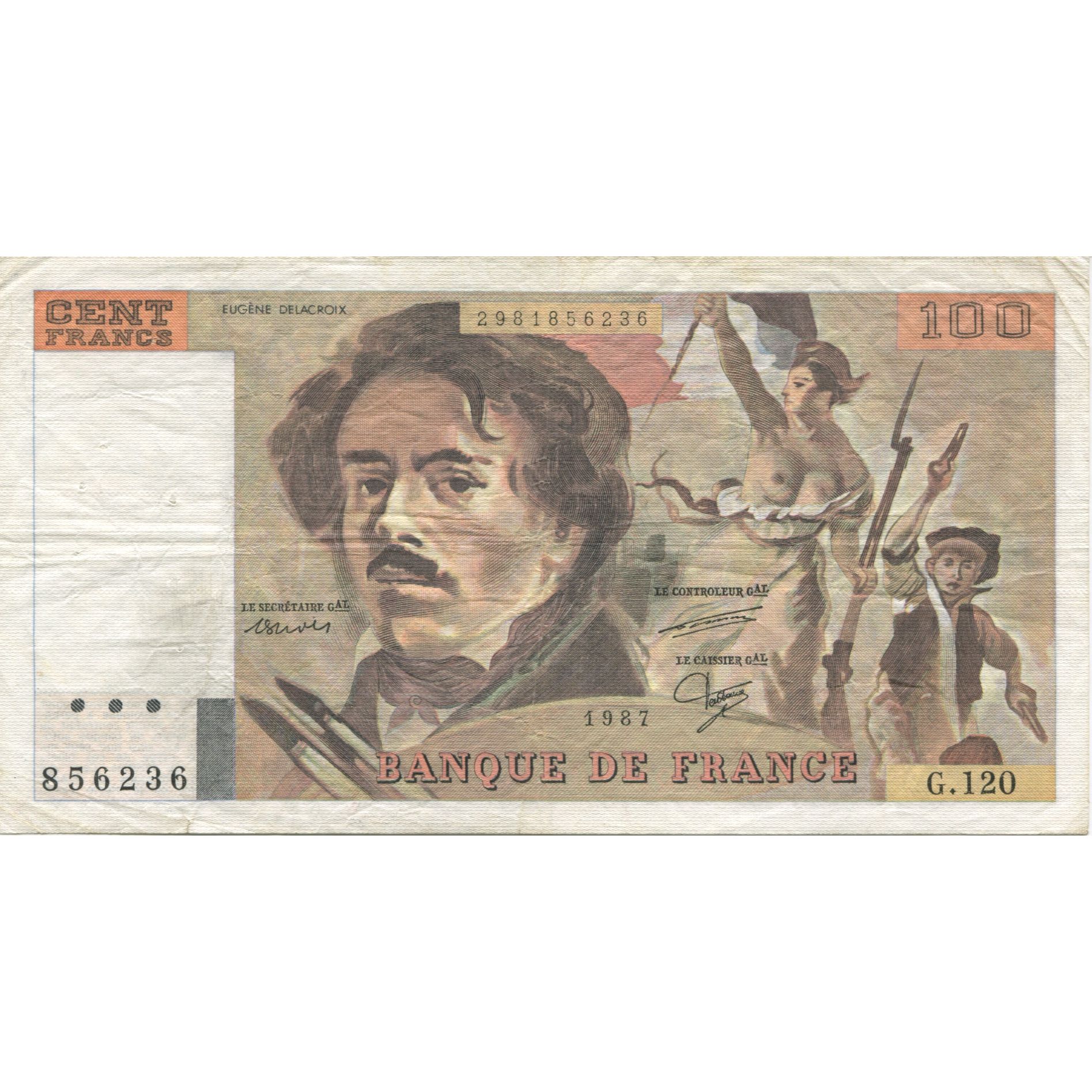 Francia, 100 Francs, Delacroix, 1987, BC, Fayette:69.11, KM:154c
