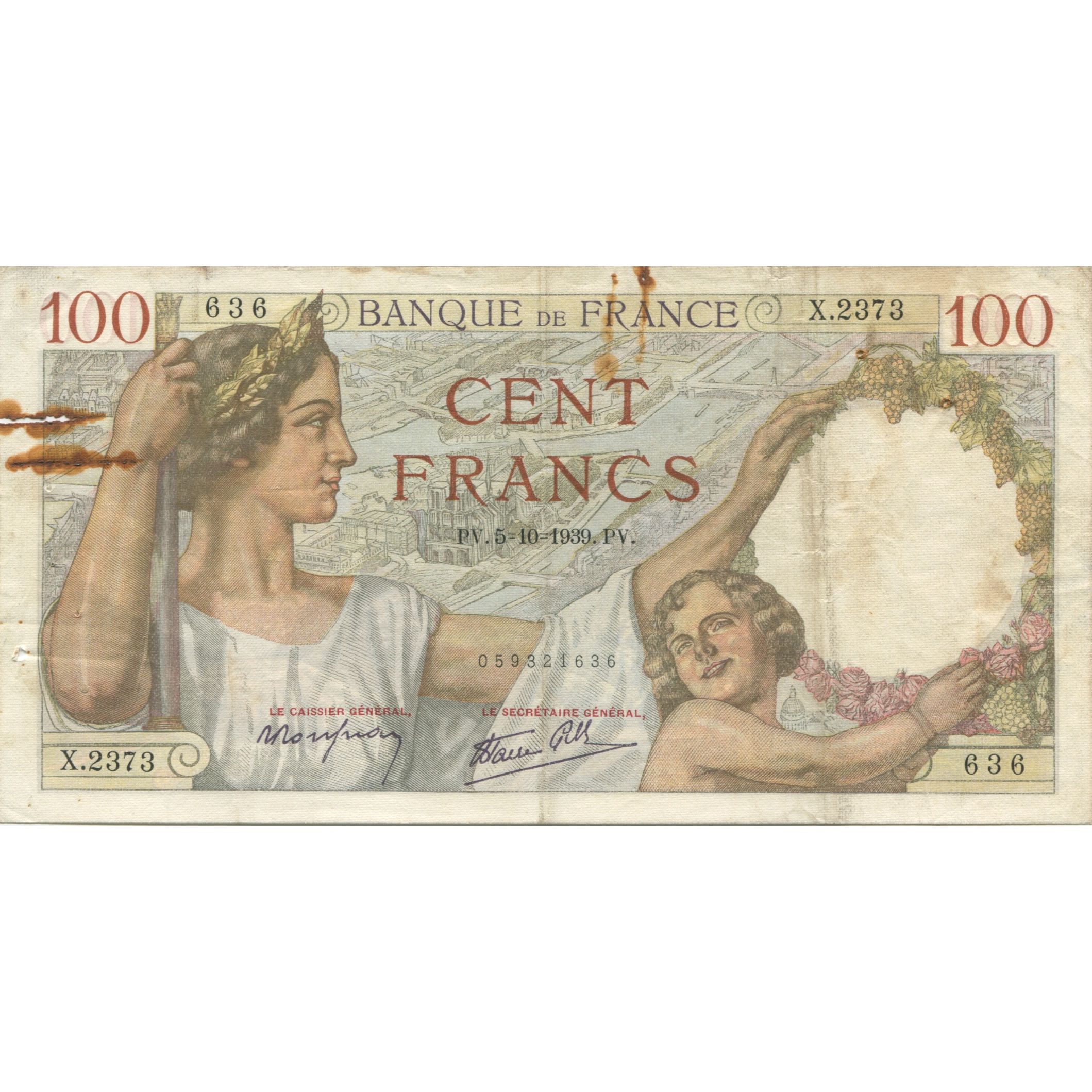 France, 100 Francs, Sully, 1939, 1939-10-05, VG(8-10), Fayette:26.09, KM:94