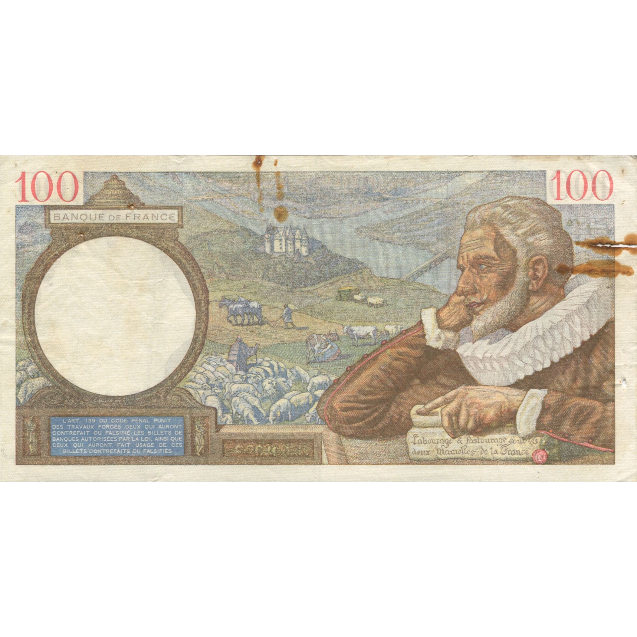 France, 100 Francs, Sully, 1939, 1939-10-05, VG(8-10), Fayette:26.09, KM:94