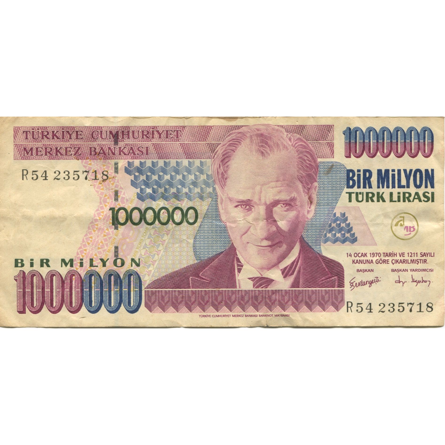 Billete, 1,000,000 Lira, 1970, Turquía, 1970-01-14, KM:213, BC+