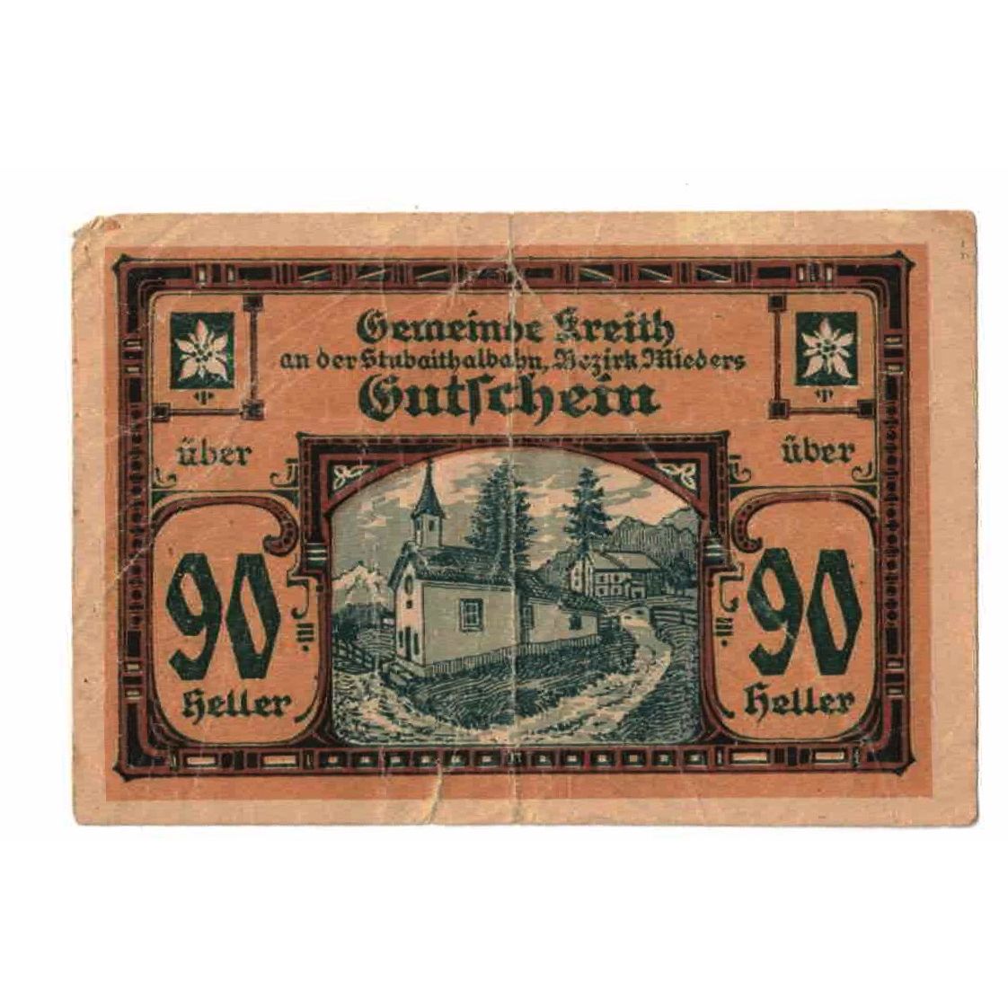 Billete, Austria, Kreith, 90 Heller, Eglise, 1920, 1920-12-31, BC, Mehl:FS 471a