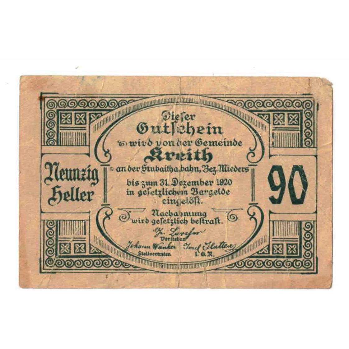 Billete, Austria, Kreith, 90 Heller, Eglise, 1920, 1920-12-31, BC, Mehl:FS 471a