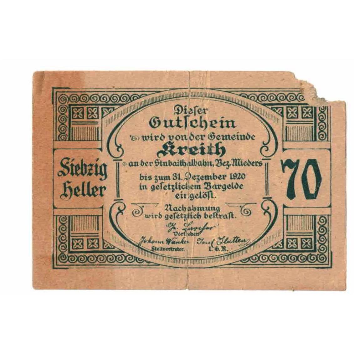 Billete, Austria, Kreith, 70 Heller, pont, 1920, 1920-12-31, RC, Mehl:FS 471a