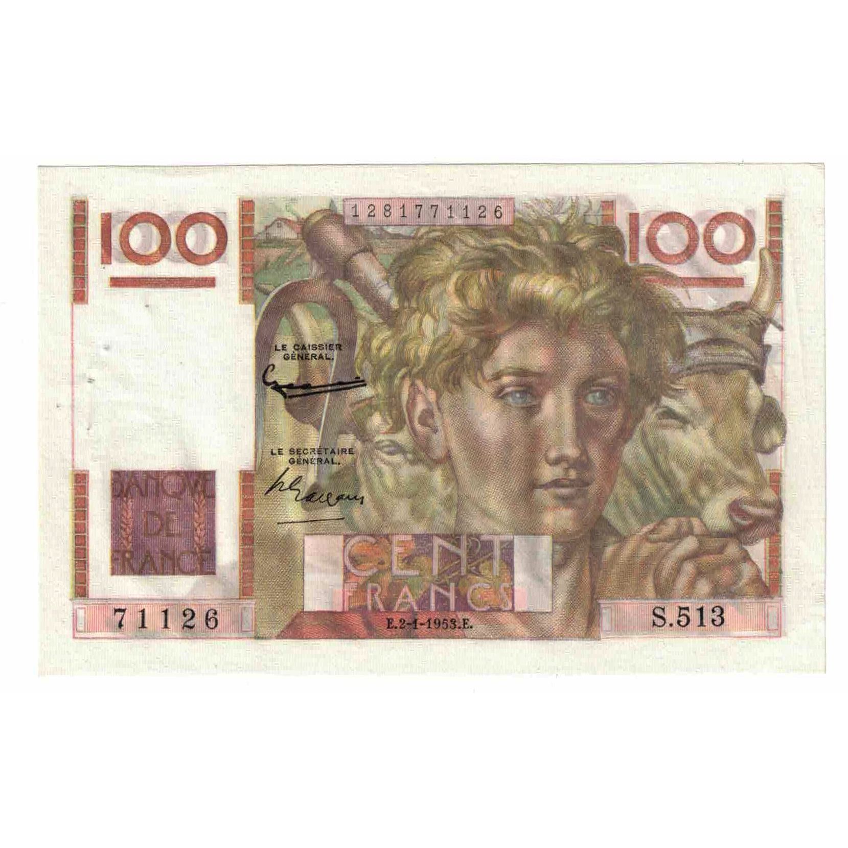 France, 100 Francs, Jeune Paysan, 1953, S.513, UNC(60-62), Fayette:28.35