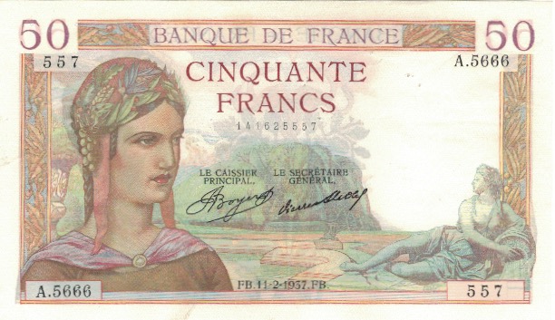 France, 50 Francs, Cérès, 1937, 1937-02-11, UNC(60-62), Fayette:17.34, KM:81