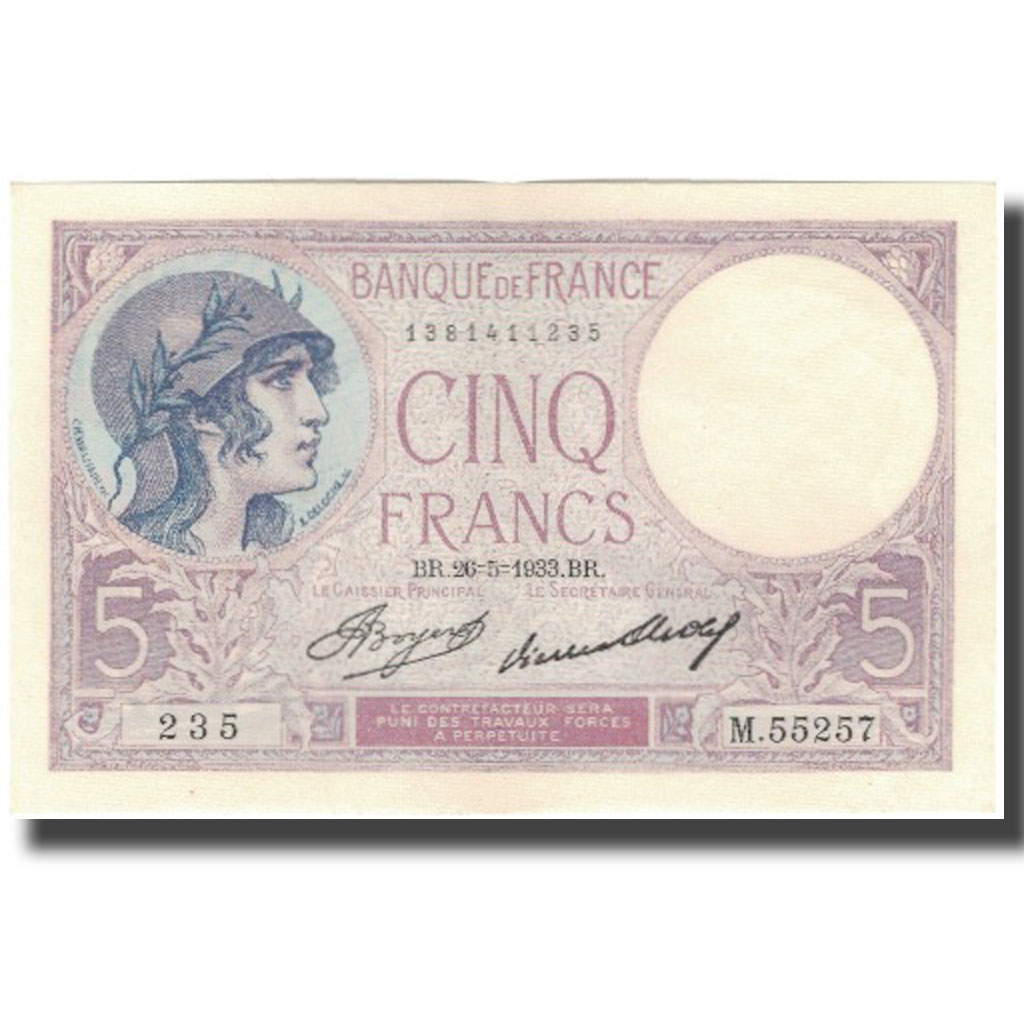 France, 5 Francs, Violet, 1933, 1933-05-26, UNC(64), Fayette:3.17, KM:72e