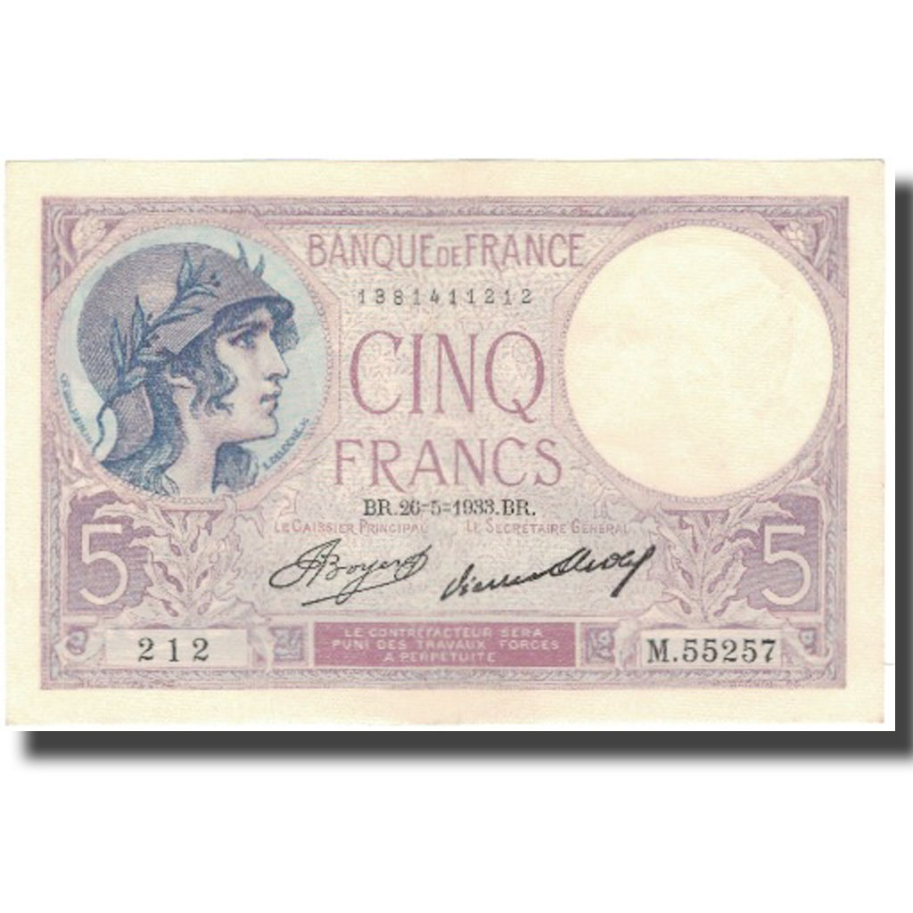 France, 5 Francs, Violet, 1933, 1933-05-26, UNC(64), Fayette:3.17, KM:72e