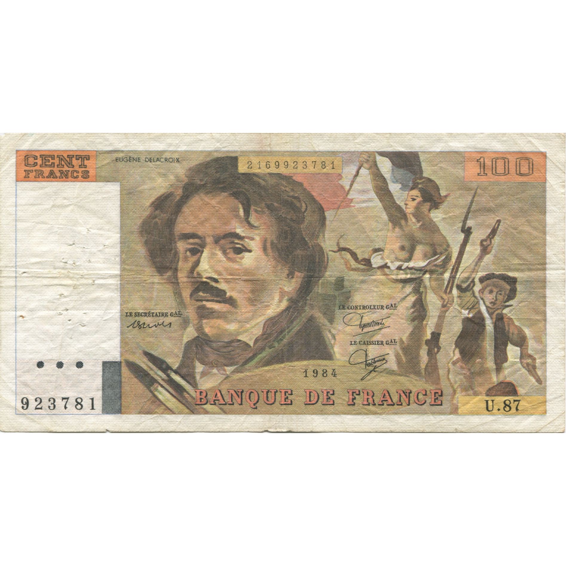 Francia, 100 Francs, Delacroix, 1984, BC+, Fayette:69.08a, KM:154b