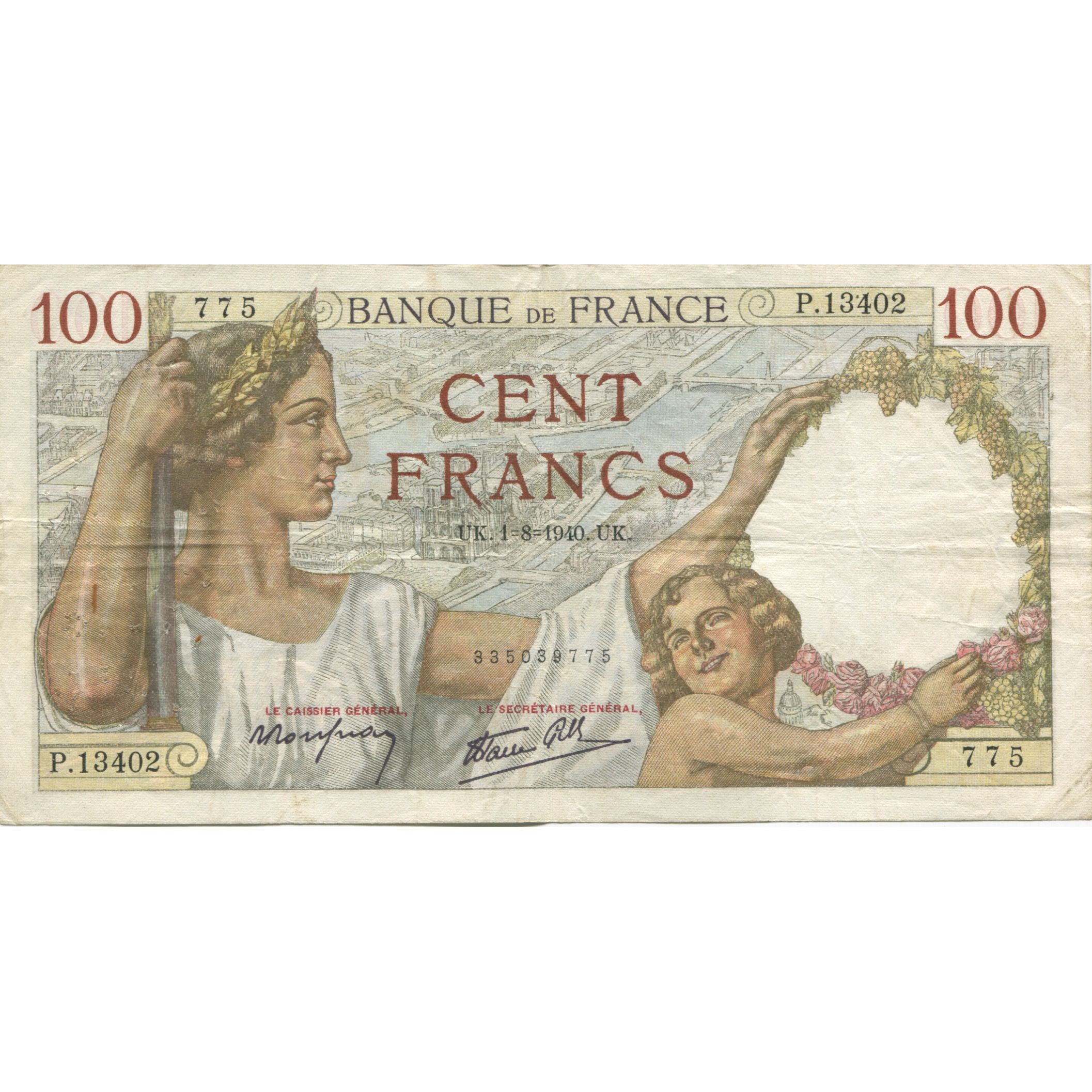 France, 100 Francs, Sully, 1940, 1940-08-01, VF(30-35), Fayette:26.34, KM:94