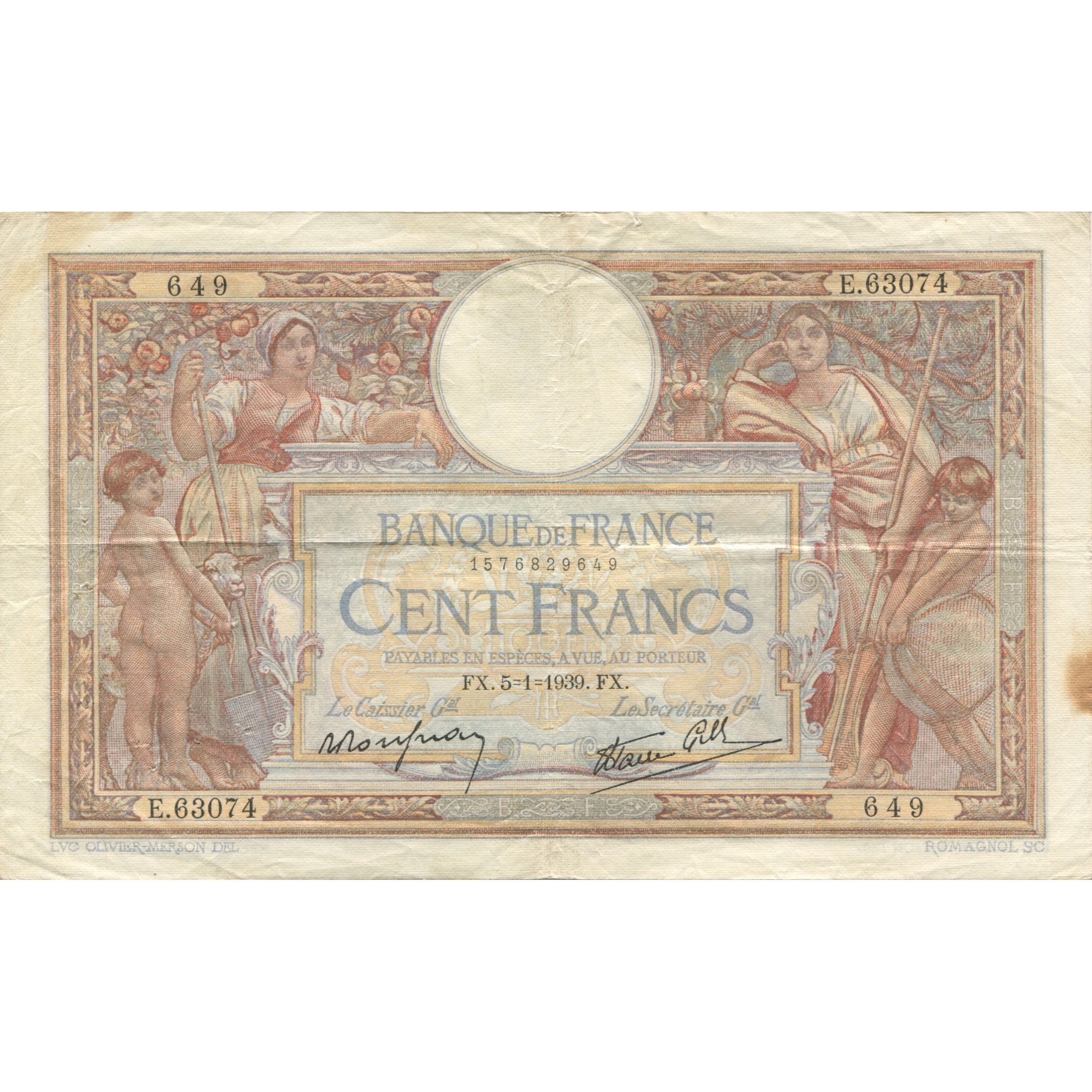 France, 100 Francs, Luc Olivier Merson, 1939, 1939-01-05, VF(30-35)
