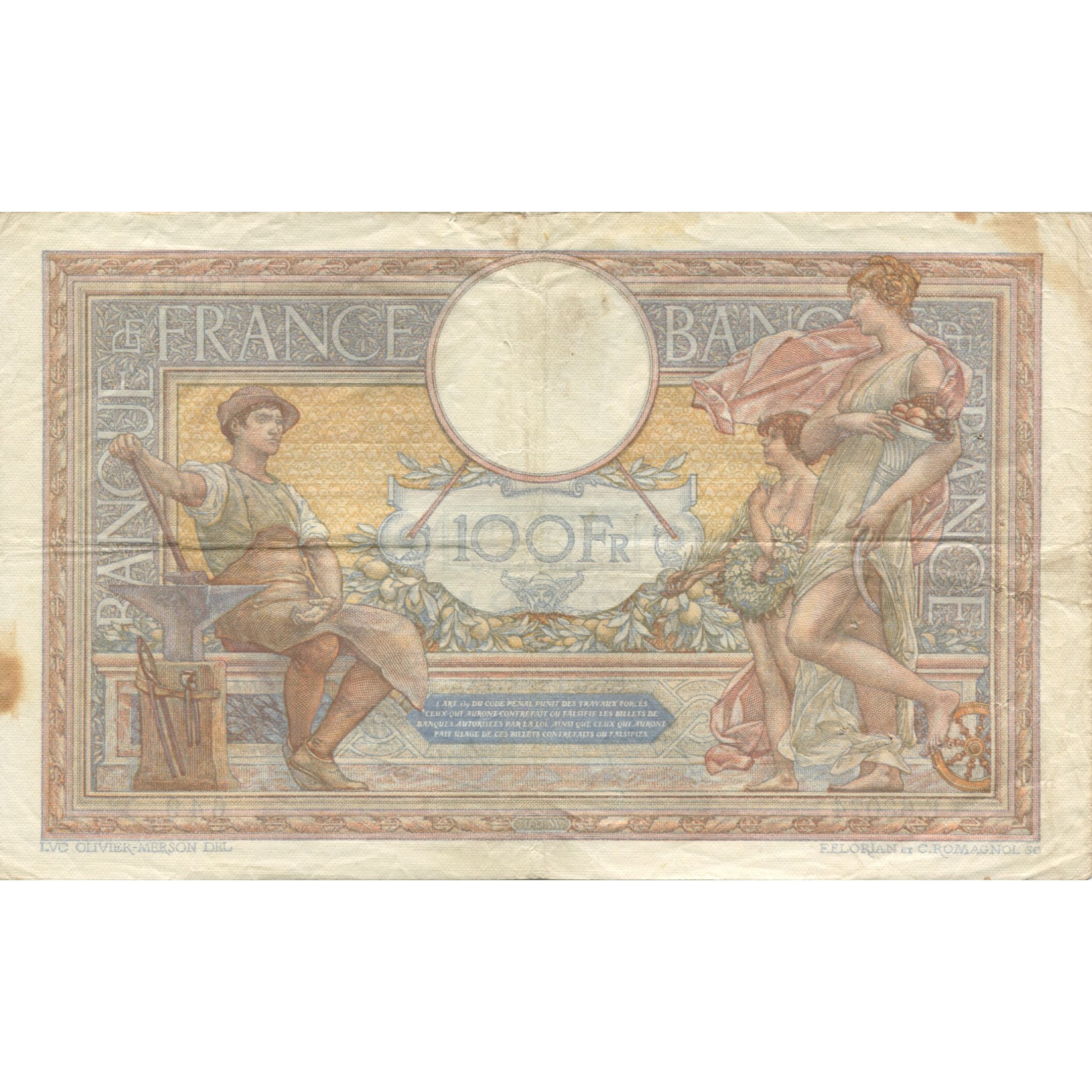 France, 100 Francs, Luc Olivier Merson, 1939, 1939-01-05, VF(30-35)