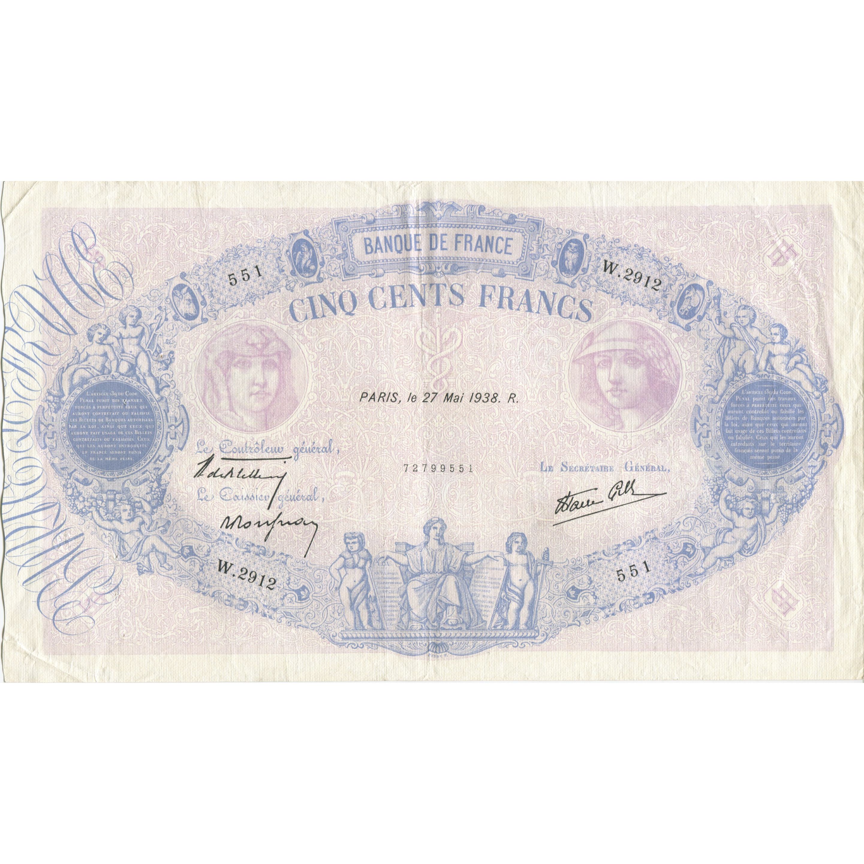 France, 500 Francs, Bleu et Rose, 1938, 1938-05-27, AU(55-58), Fayette:31.12